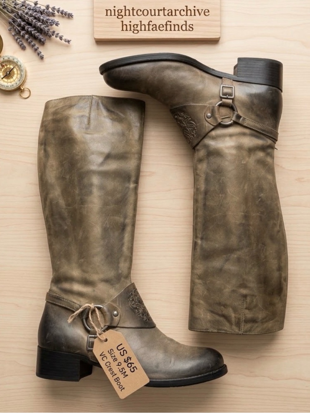 Vince Camuto Tall Leather Harness Riding Boots 9.5M Crest Distressed Moto